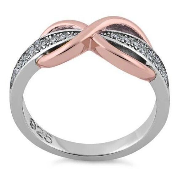 Sterling Silver Two-Tone Rose Gold Infinity Pave CZ Ring Womens Jewelry New - Picture 3 of 5